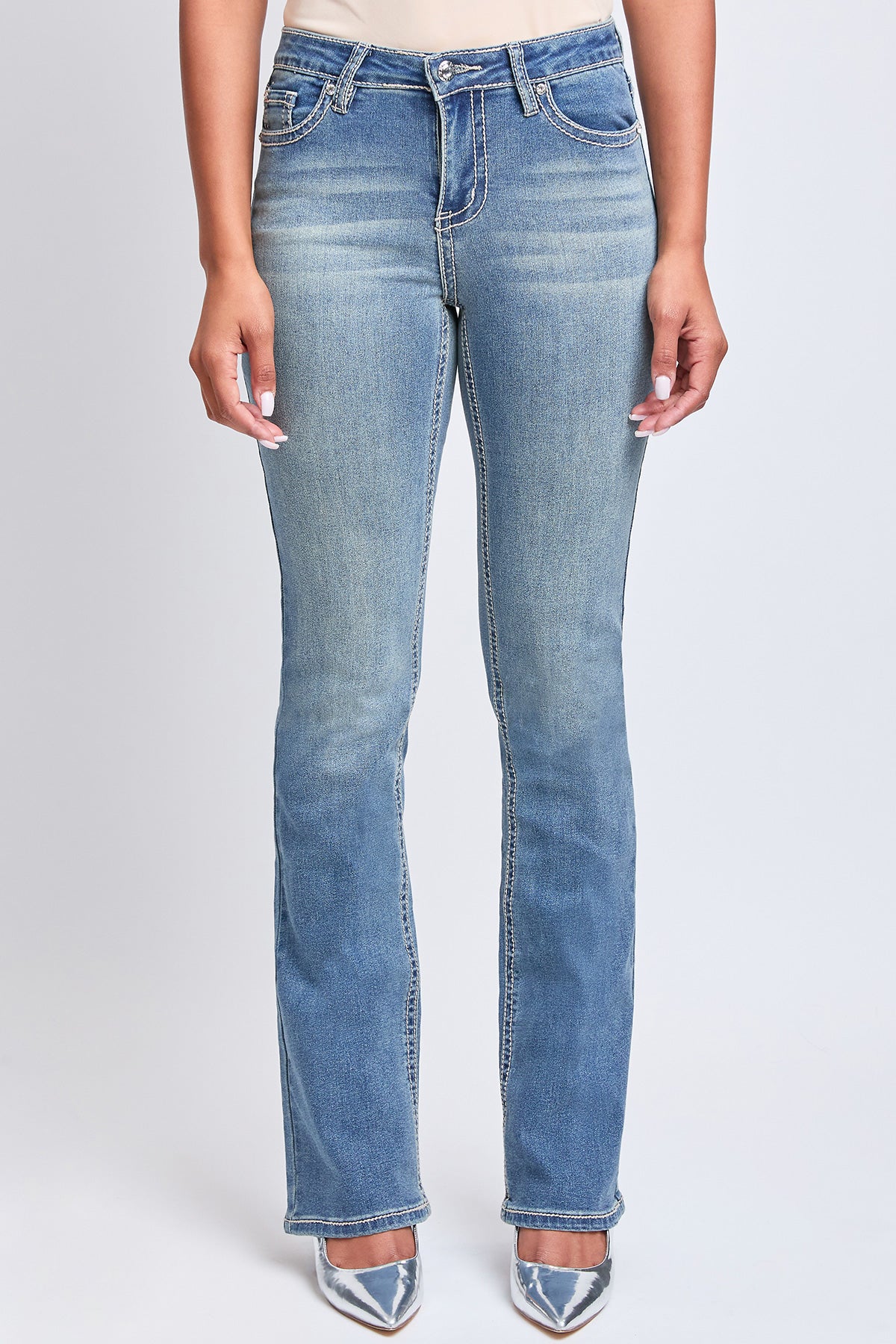 Women's Heavy Stitch Mid Rise Bootcut Stud Jeans YMI JEANS