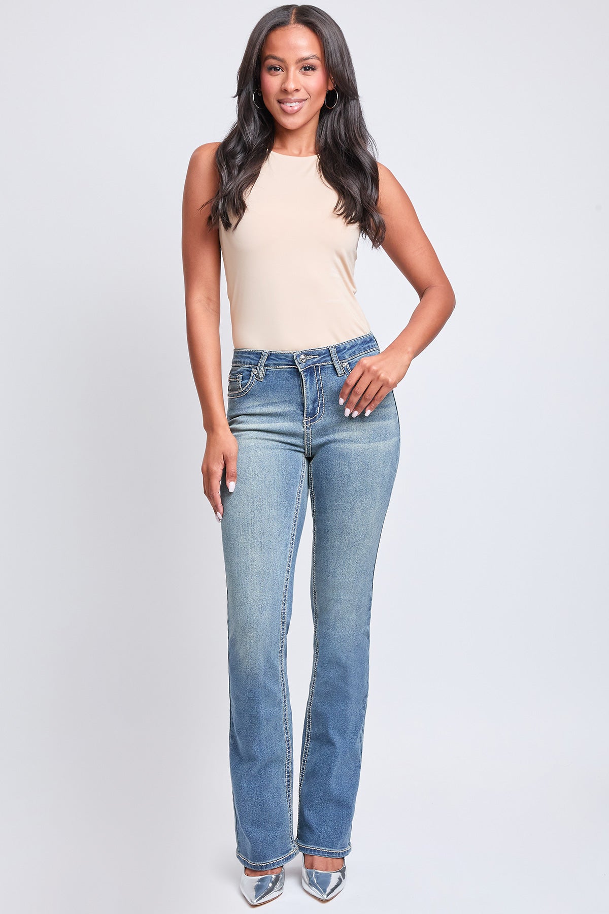 Women's Heavy Stitch Mid Rise Bootcut Stud Jeans YMI JEANS
