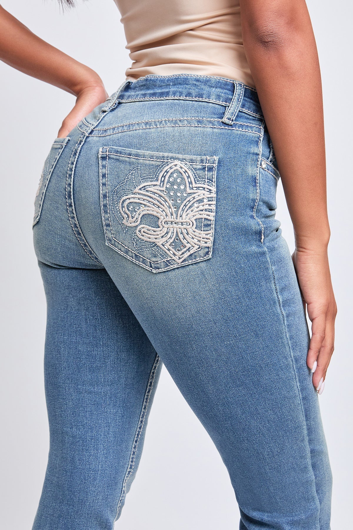 Women's Heavy Stitch Mid Rise Bootcut Stud Jeans YMI JEANS