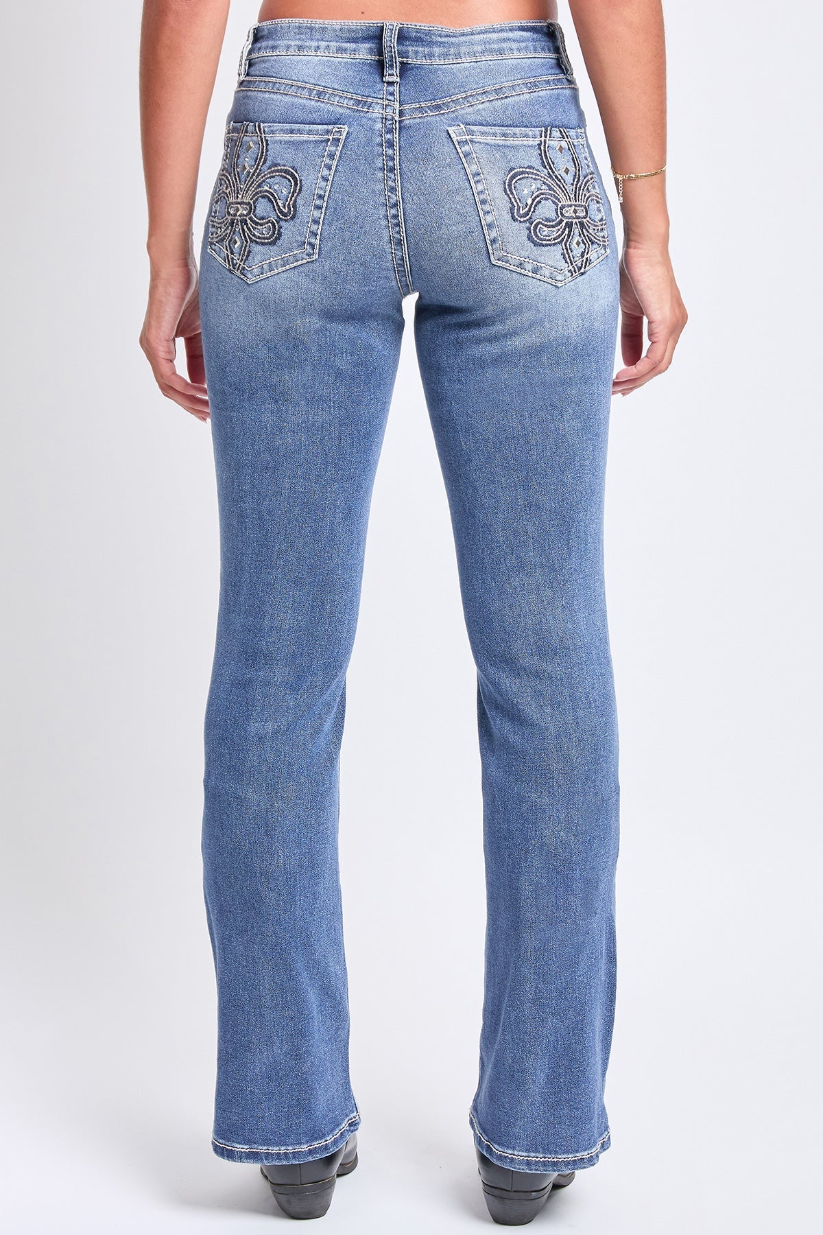 Women's Mid Rise Studded Fleur De Lis Bootcut Jeans YMI JEANS