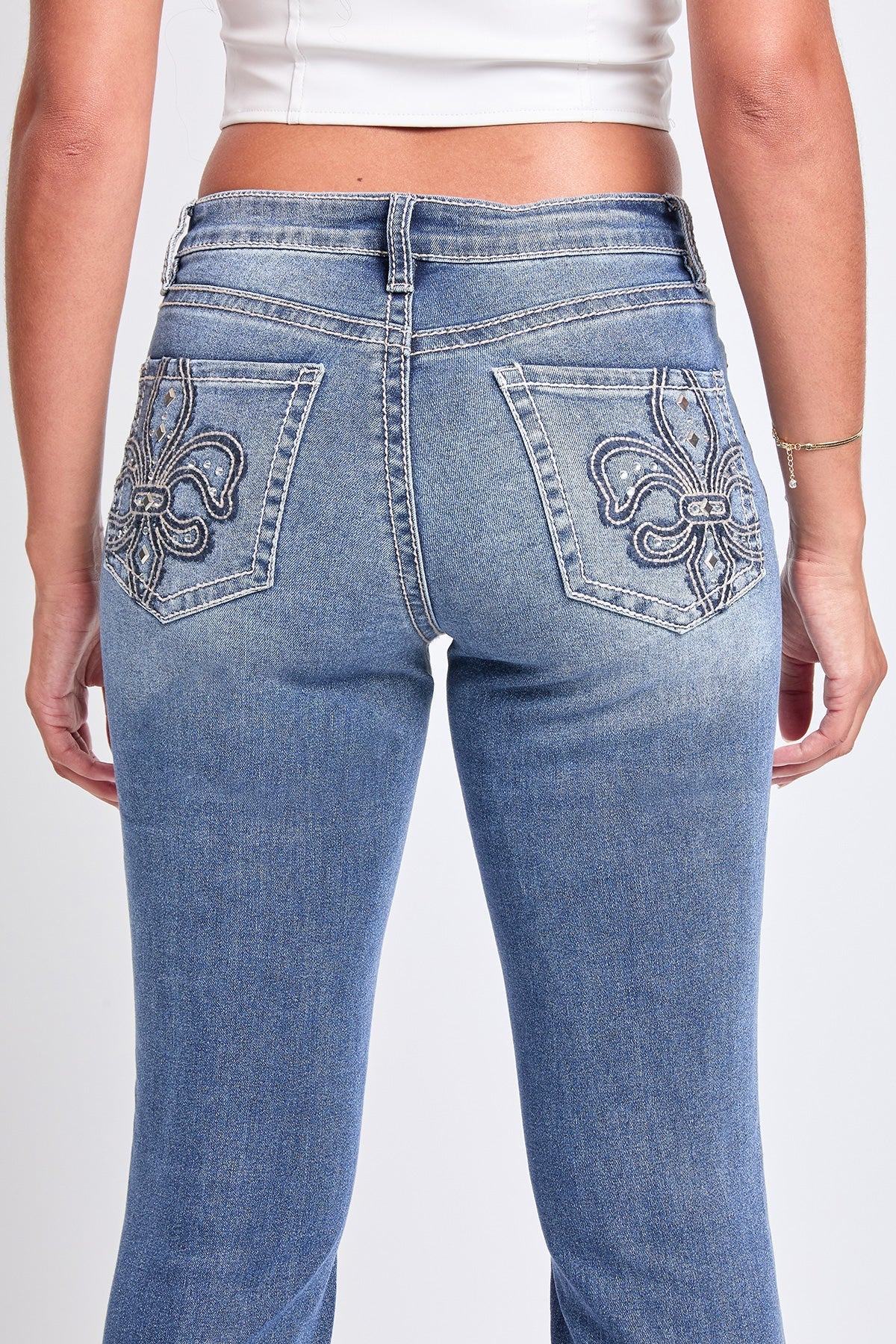 Women's Mid Rise Studded Fleur De Lis Bootcut Jeans YMI JEANS