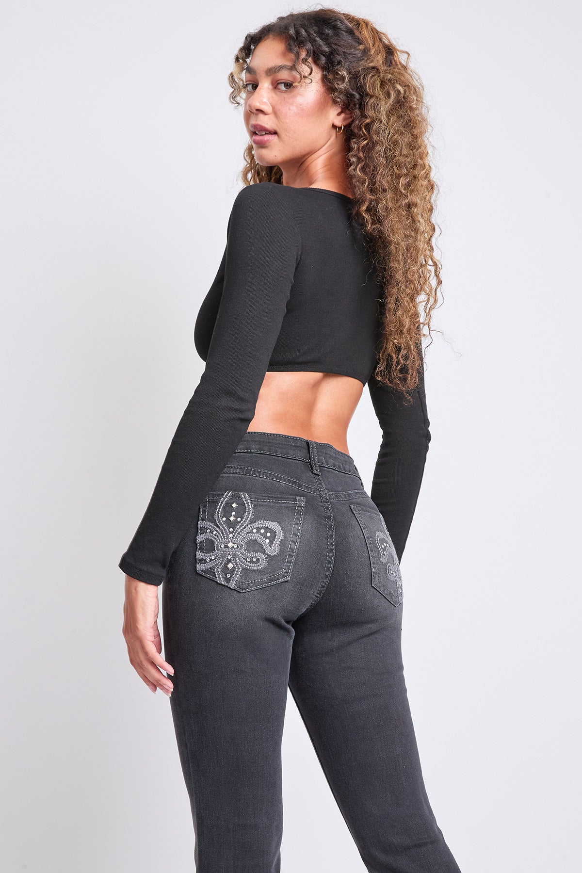 Women's Mid Rise Studded Fleur De Lis Bootcut Jeans YMI JEANS