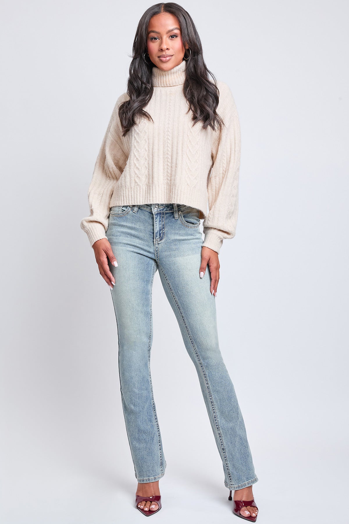 Women's Mid Rise Heavy Stitch Bootcut Loop Studded Jeans YMI JEANS