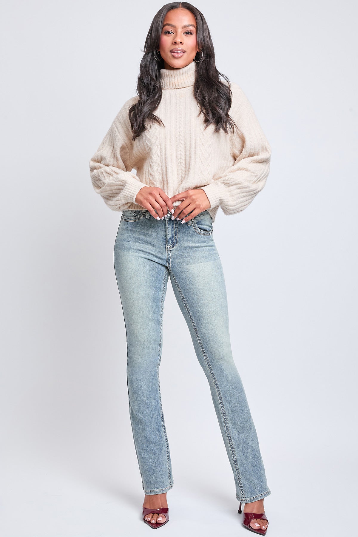 Women's Mid Rise Heavy Stitch Bootcut Loop Studded Jeans YMI JEANS