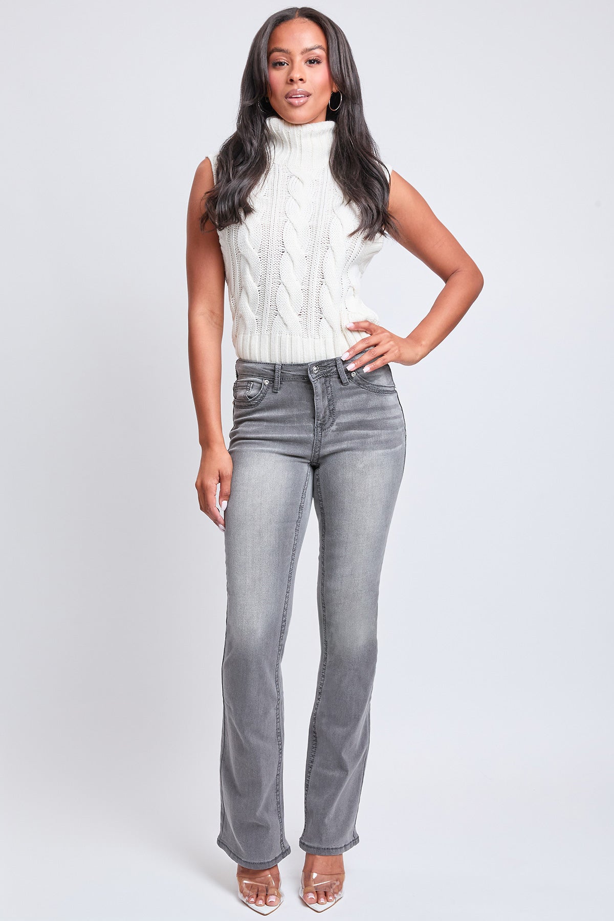 Women's Mid Rise Heavy Stitch Bootcut Loop Studded Jeans YMI JEANS