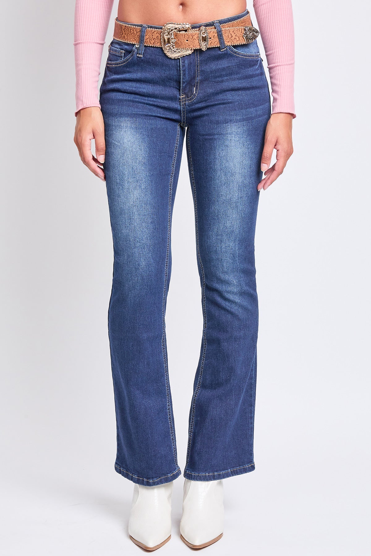 Women's Mid Rise Bootcut Brown Belted Jeans YMI JEANS