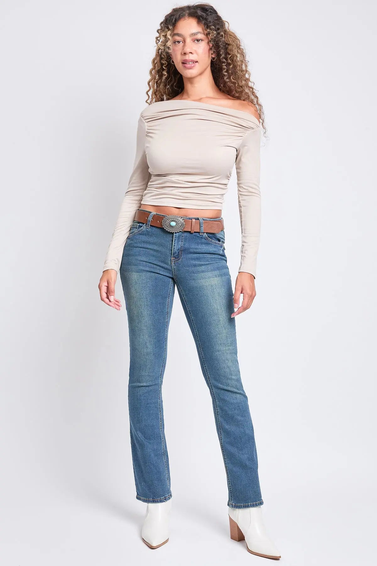 Women's Mid Rise Belted Bootcut Jeans YMI JEANS