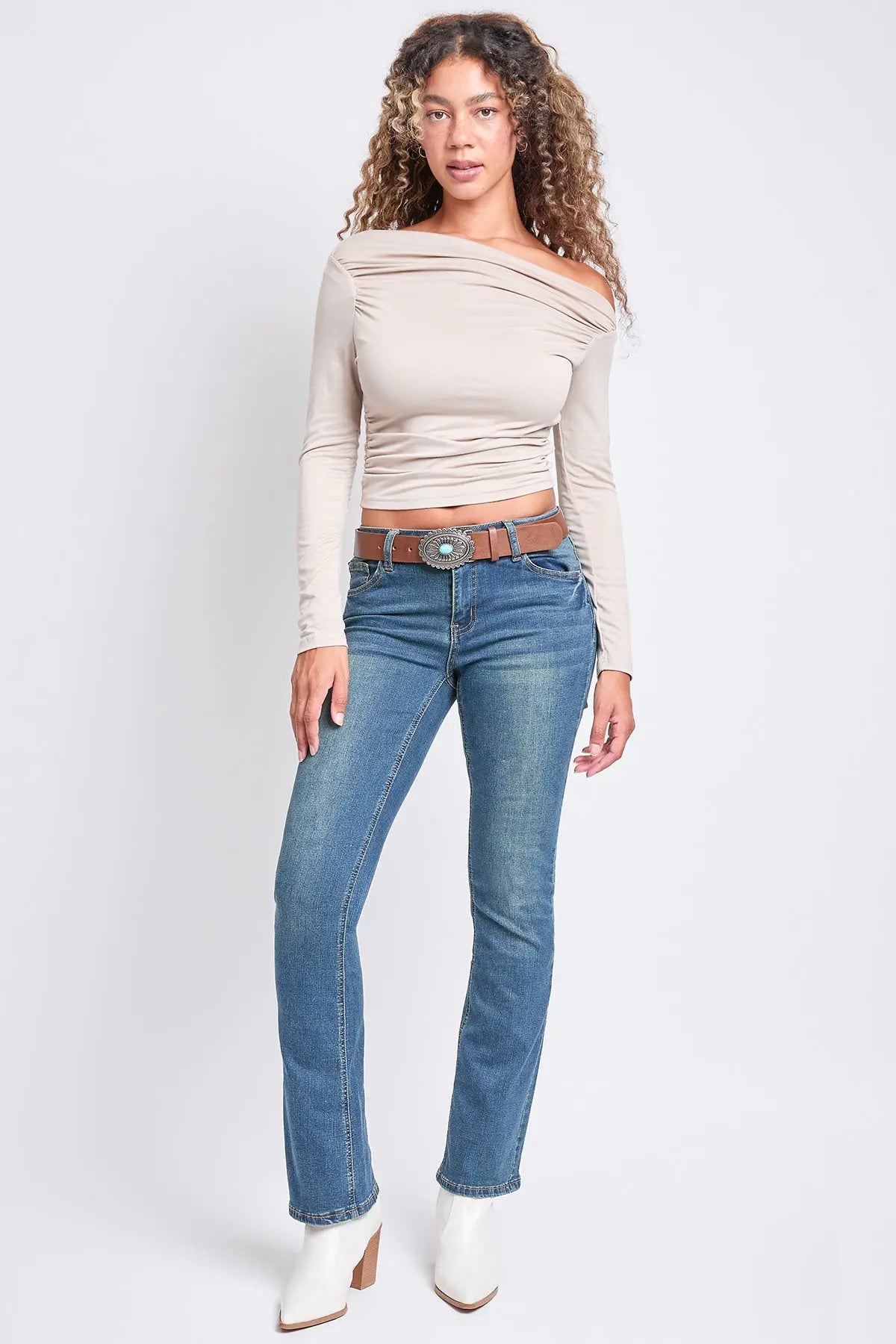 Women's Mid Rise Belted Bootcut Jeans YMI JEANS