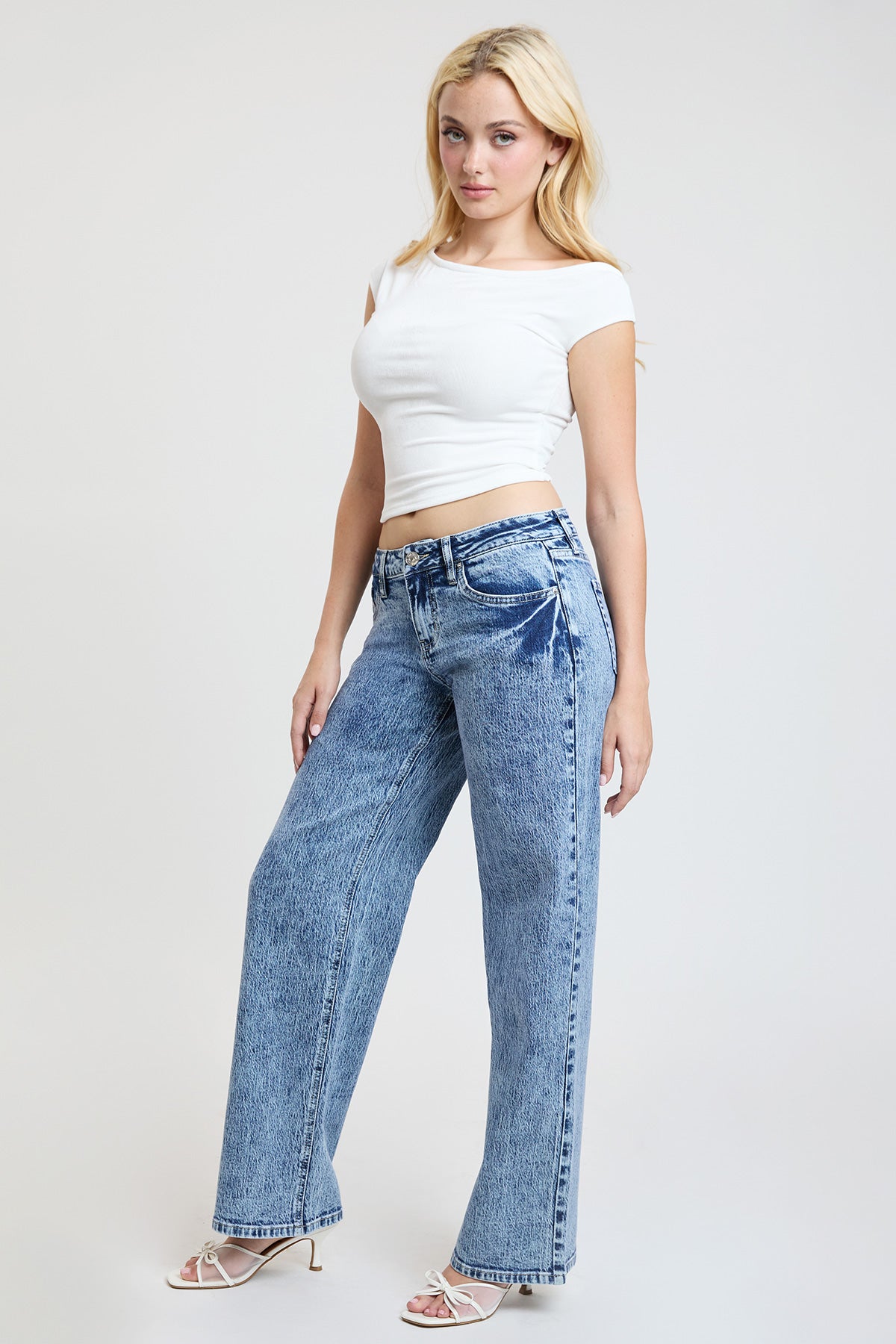 Full flat lay view of the YMI JEANS Women's Wide Leg Luxe Britney Jeans, emphasizing their relaxed, stylish appeal.