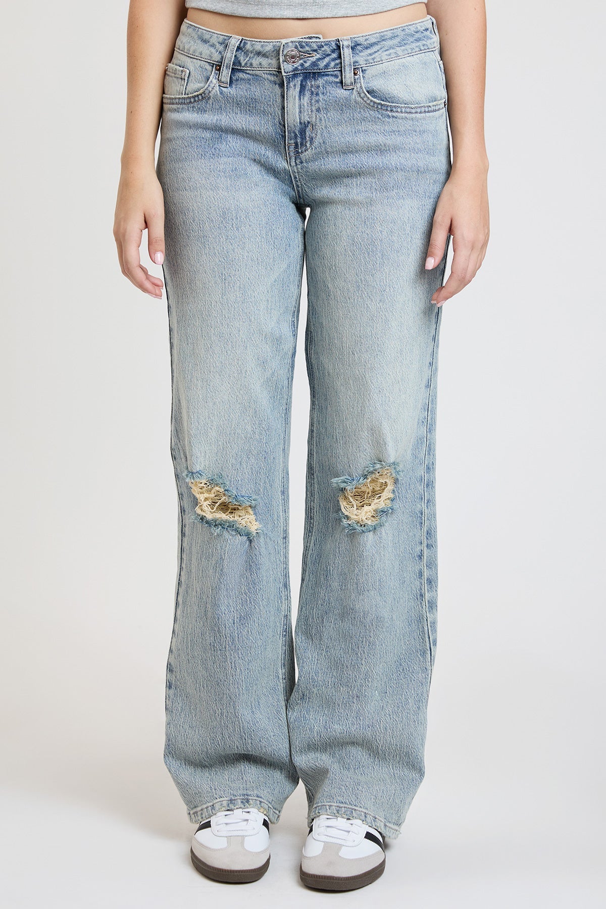 Textured close-up of the soft, durable light wash denim fabric used for YMI JEANS Women's Wide Leg Luxe Britney Jeans.