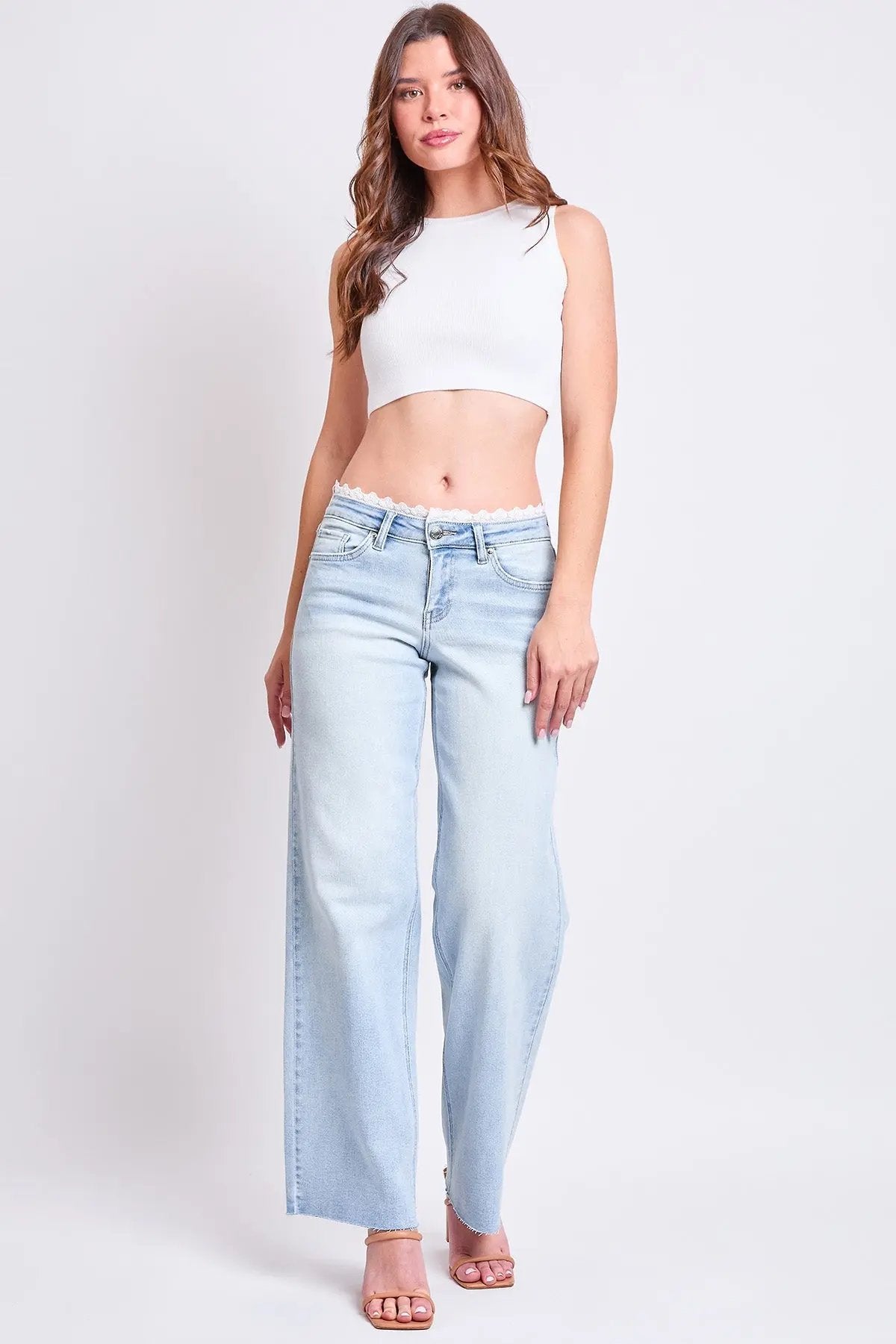 Women's Luxe Lace Trim Wide Leg Jeans - Love Salve