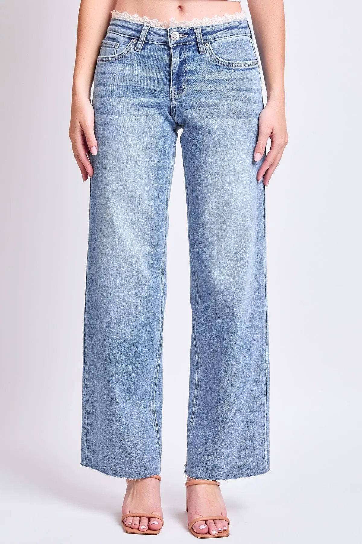 Women's Luxe Lace Trim Wide Leg Jeans - Love Salve