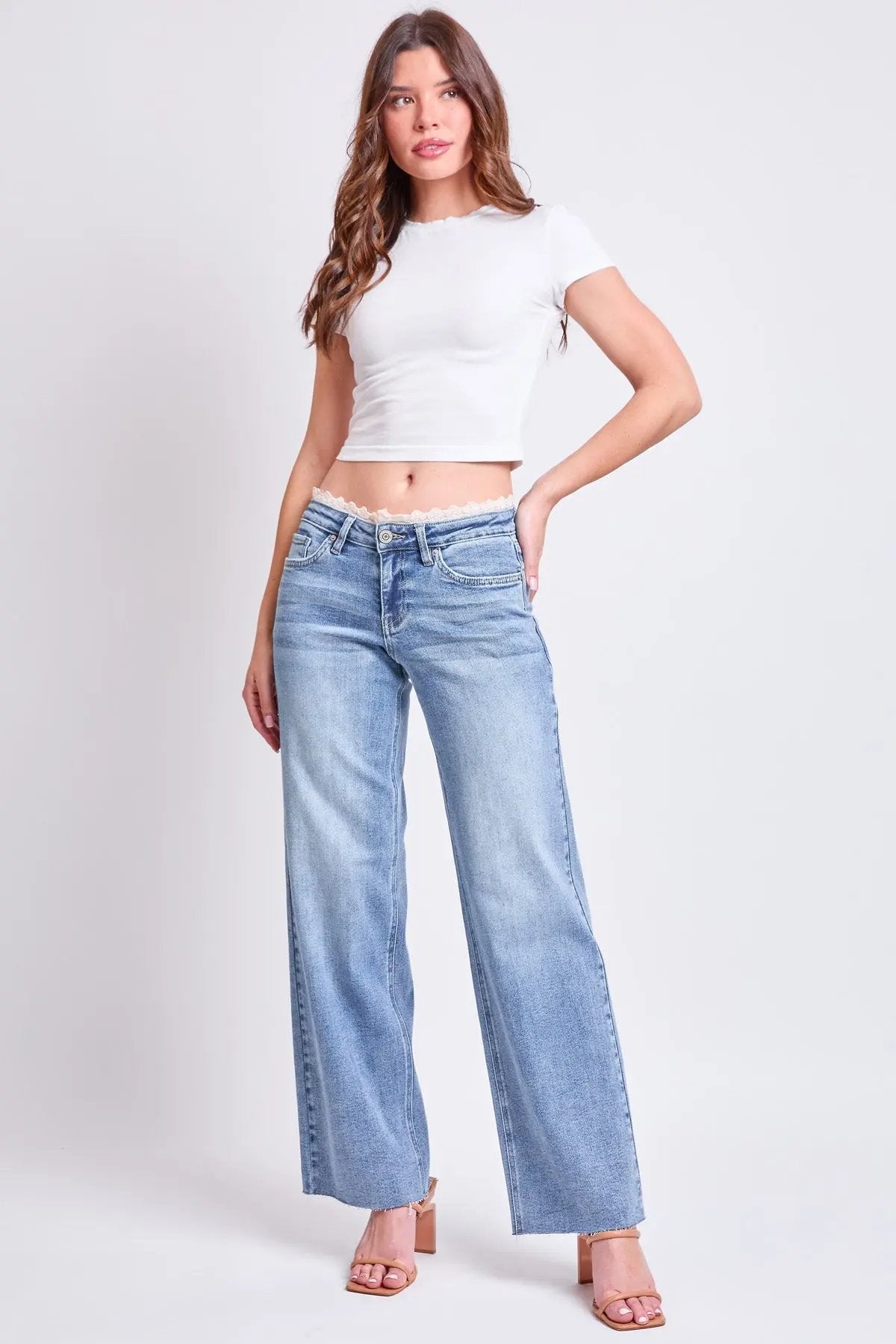 Women's Luxe Lace Trim Wide Leg Jeans - Love Salve