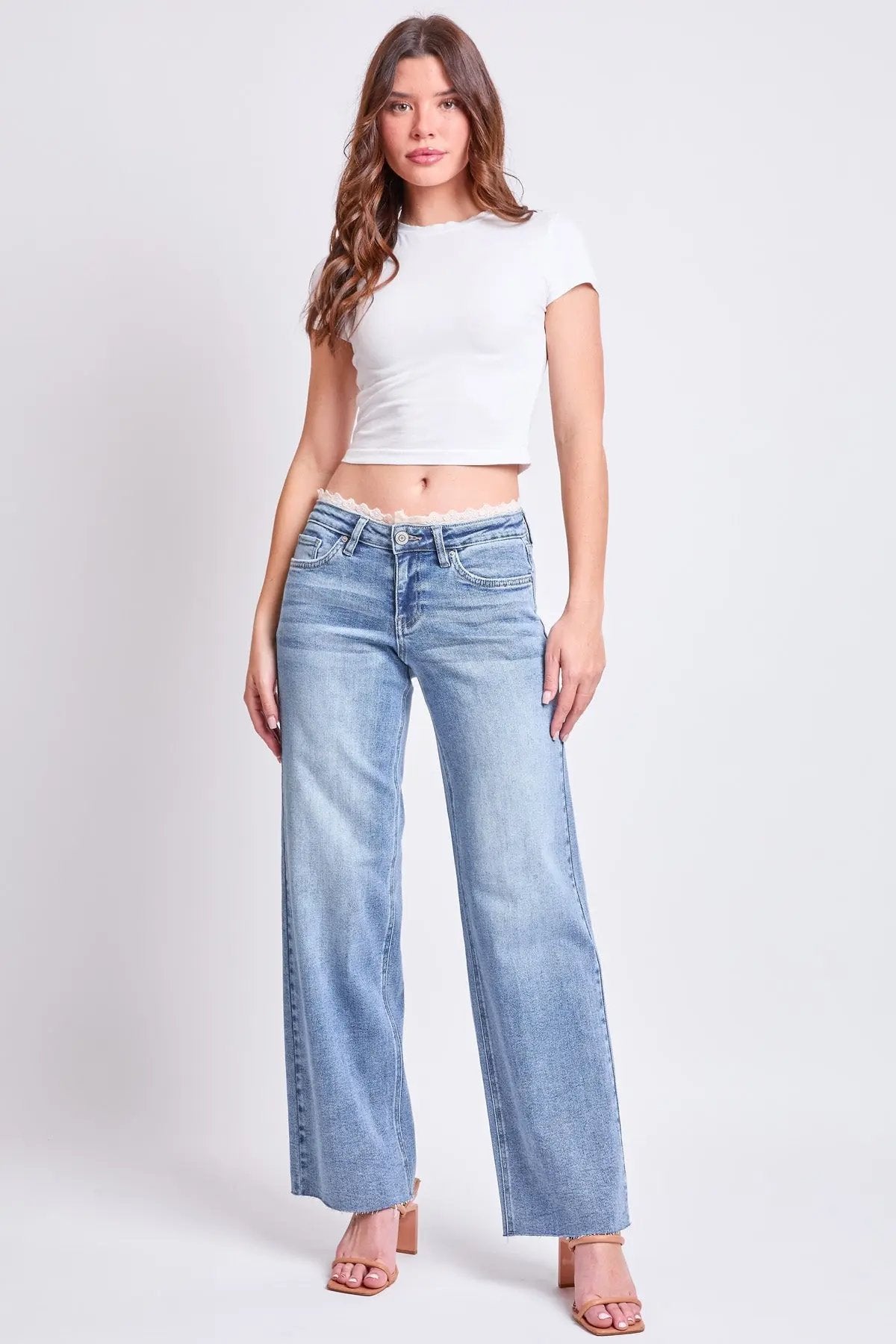 Women's Luxe Lace Trim Wide Leg Jeans - Love Salve