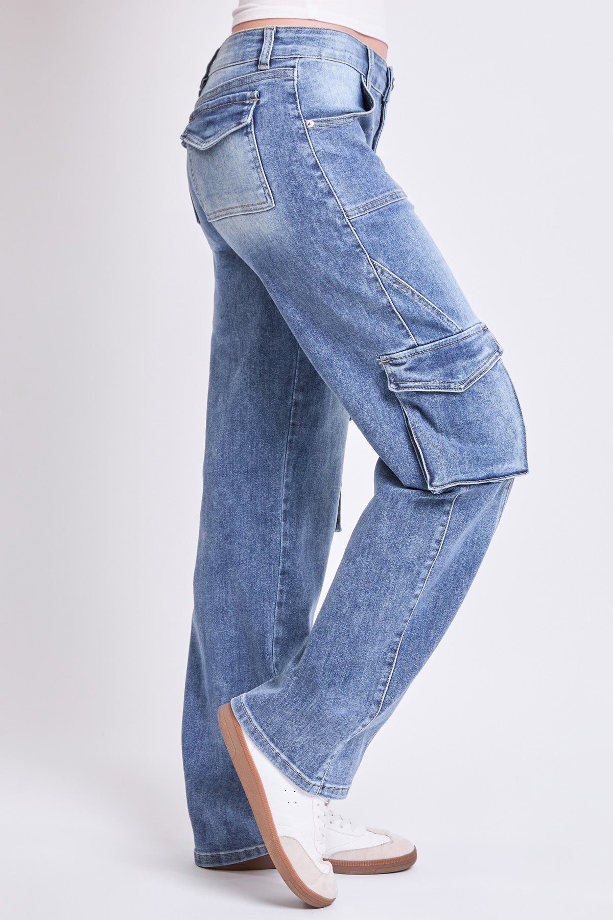 Stylish YMI JEANS high rise skater cargo jeans, detailed view of the comfortable waistline and wide leg fit.