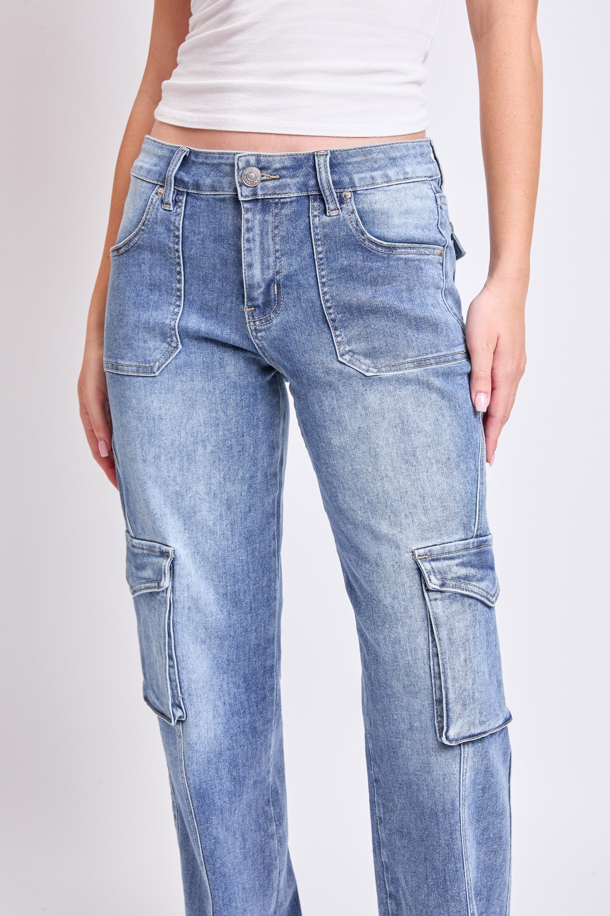 YMI JEANS Women's High Rise Skater Cargo Jeans showcasing functional utility pockets and durable denim fabric.