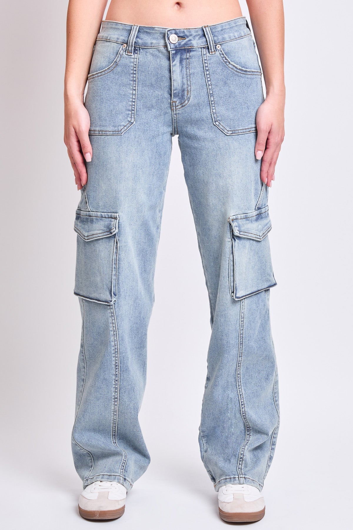 Close-up of the robust denim material and stitching on YMI JEANS high rise skater cargo jeans for women.