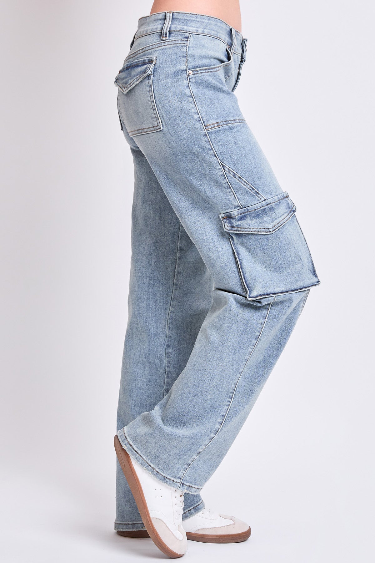 Back view of YMI JEANS Women's High Rise Skater Cargo Jeans, highlighting the flattering high-rise silhouette.