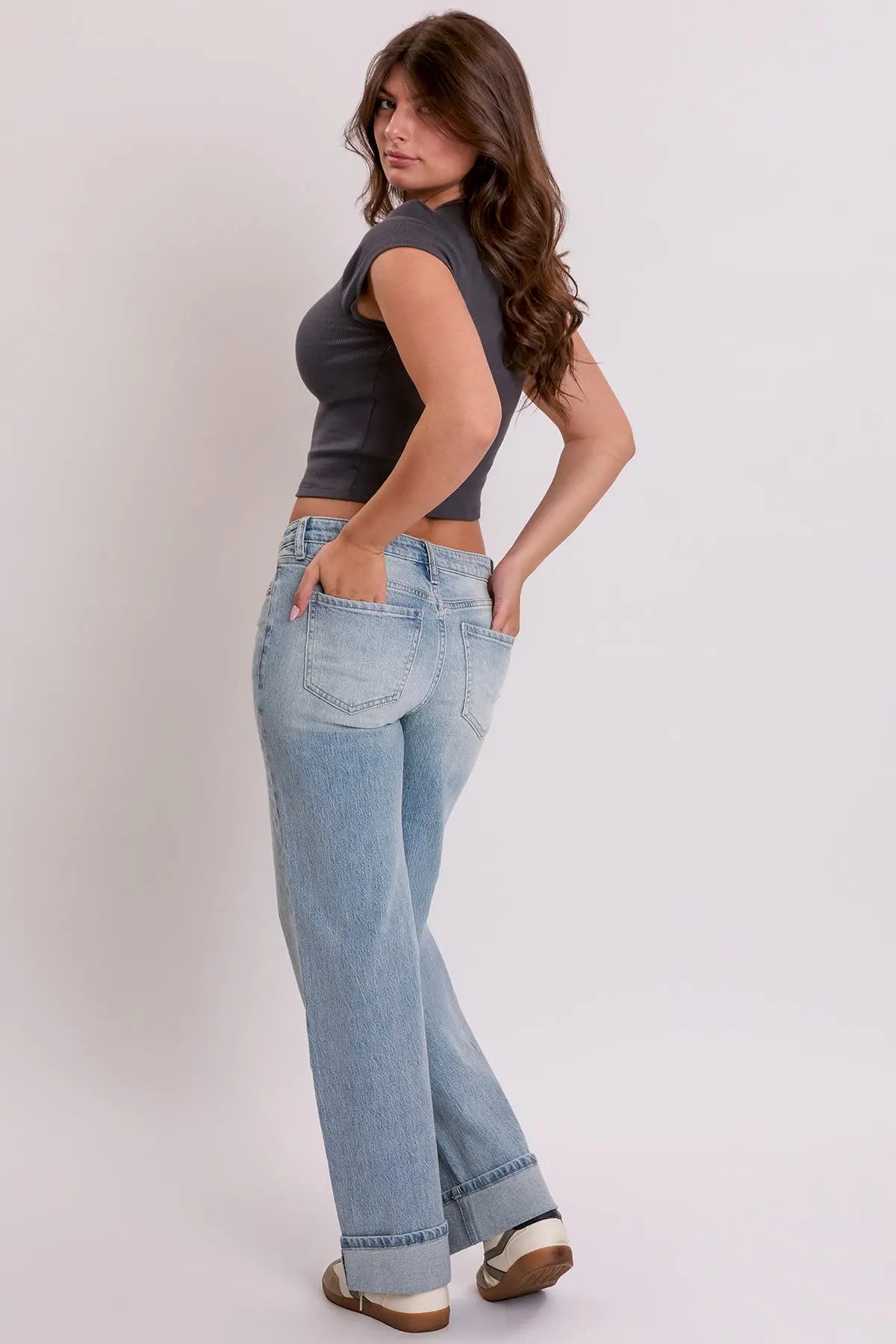 Women's Luxe Britney Low Rise Wide Leg Cuff Jeans YMI JEANS