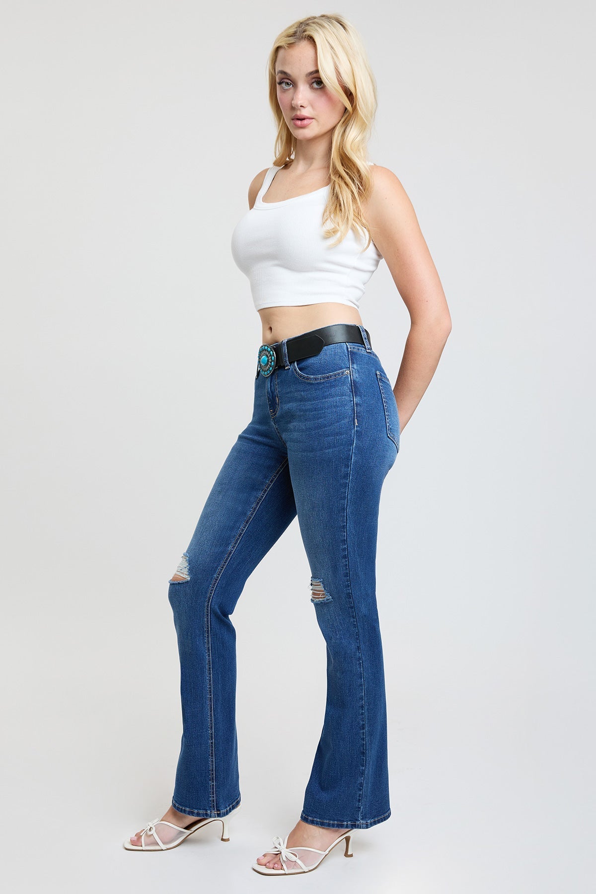 Women's Mid Rise Belted Bootcut Jeans YMI JEANS
