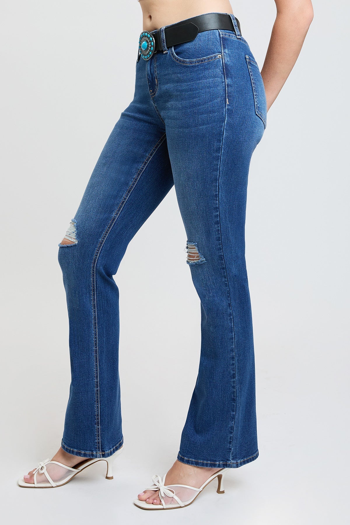 Women's Mid Rise Belted Bootcut Jeans YMI JEANS