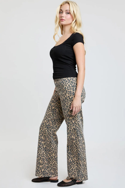 Women's High Rise Animal Print Wide Leg Jeans YMI JEANS