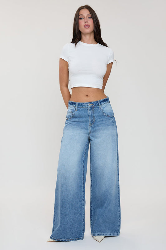 YMI JEANS Women's Billie Baggy Wide Leg Jeans, full length, light wash denim, relaxed fit for everyday comfort.