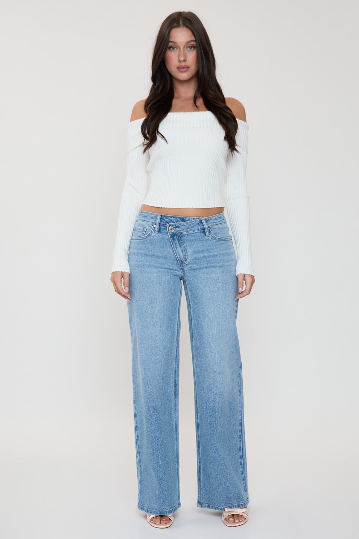 YMI JEANS Women's Luxe Bella Asymmetrical Wide Leg Jeans - Complete View