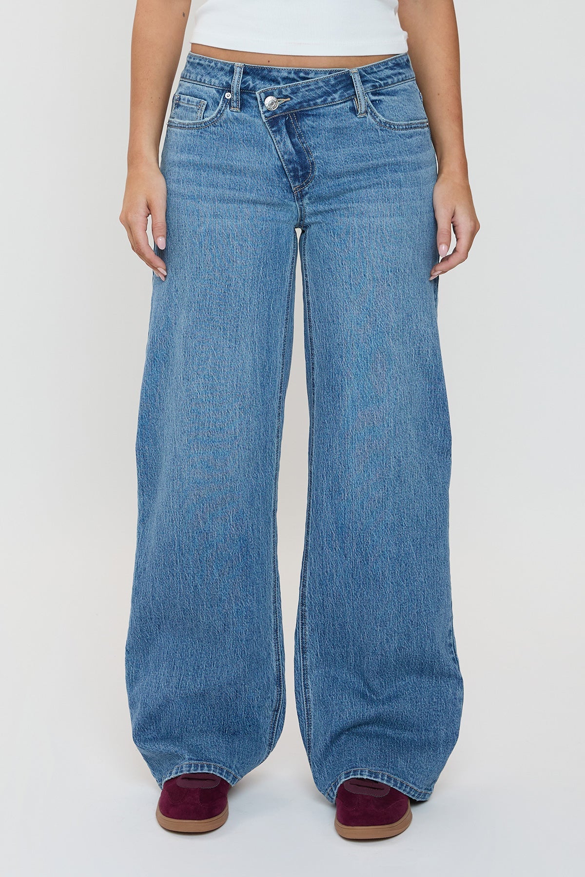 YMI JEANS Women's Luxe Bella Asymmetrical Wide Leg Jeans - Close Up