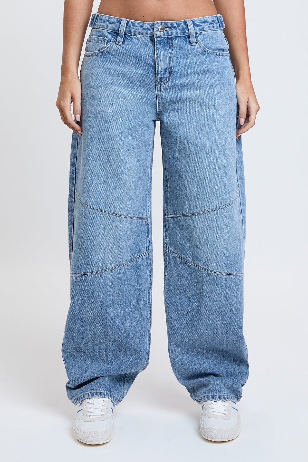 YMI JEANS Women's Moto Relaxed Rise Baggy Barrel Jeans with Seam Detail - Complete View