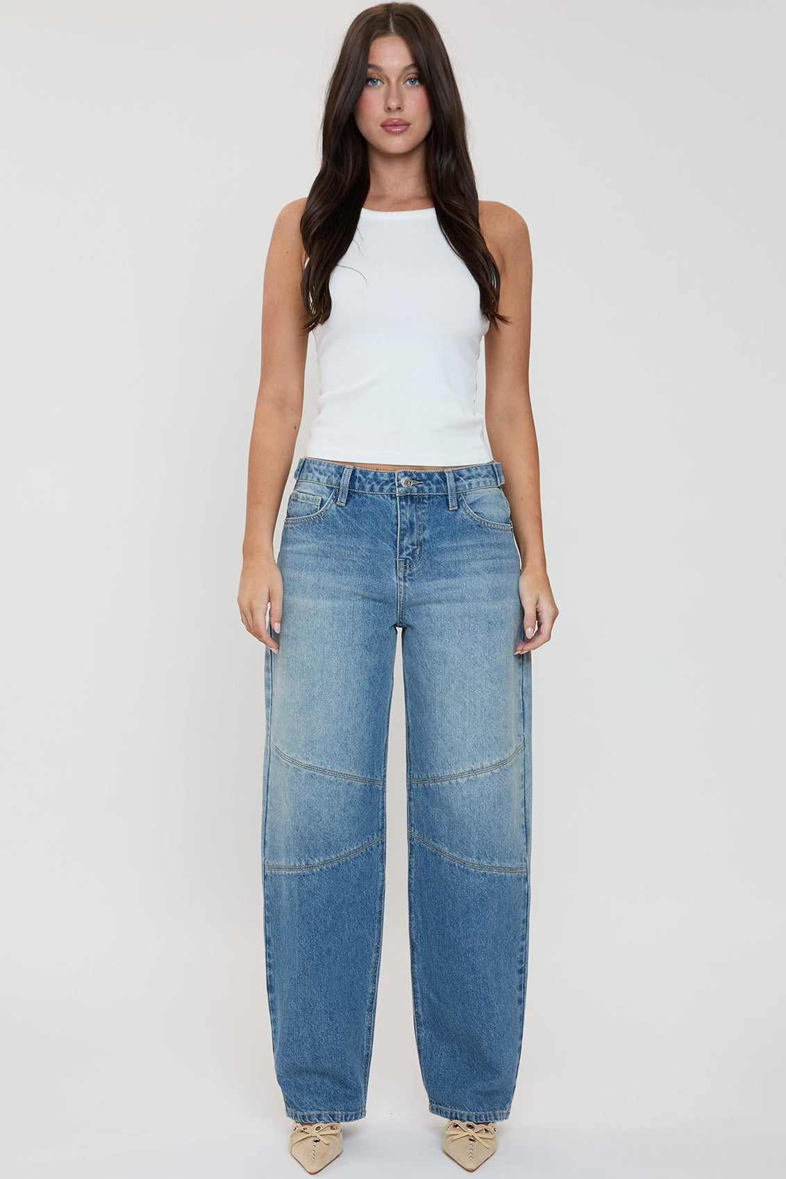 YMI JEANS Women's Moto Relaxed Rise Baggy Barrel Jeans with Seam Detail - Detail View