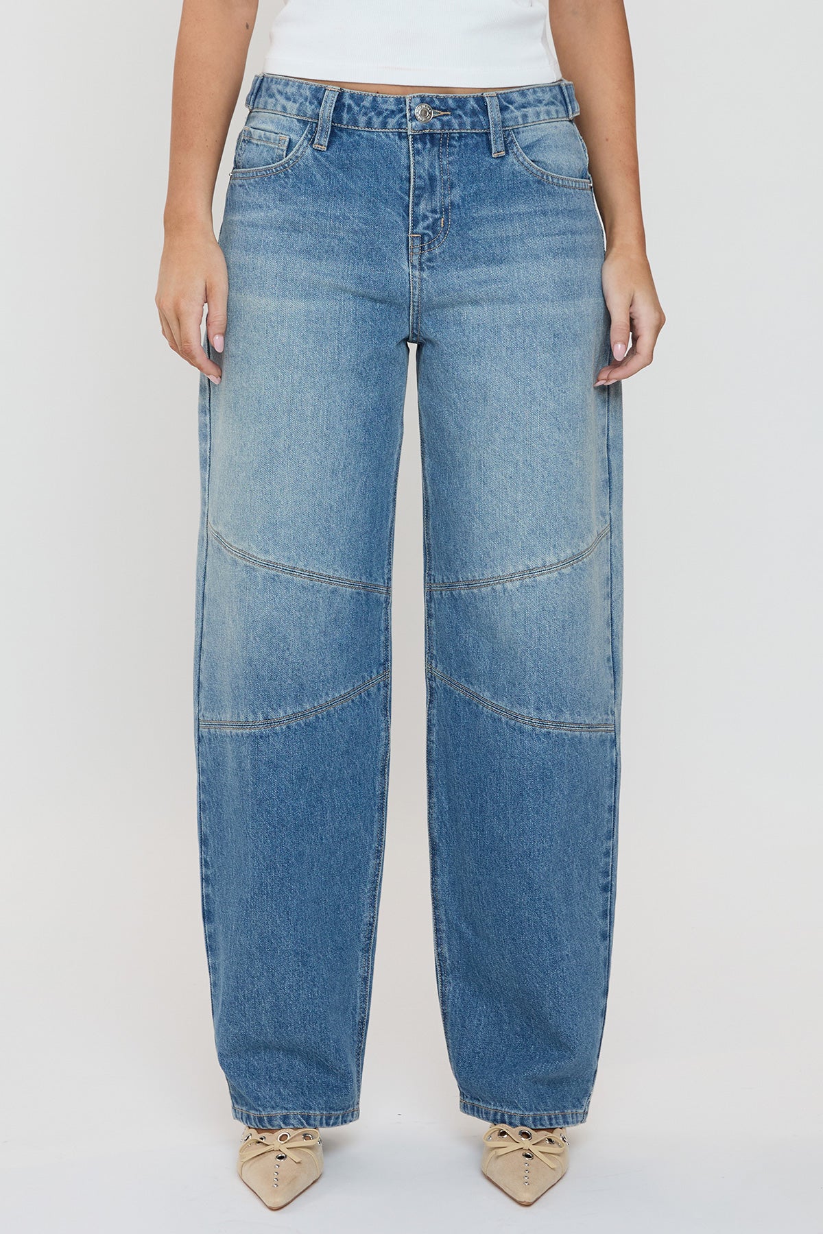 YMI JEANS Women's Moto Relaxed Rise Baggy Barrel Jeans with Seam Detail - Close Up