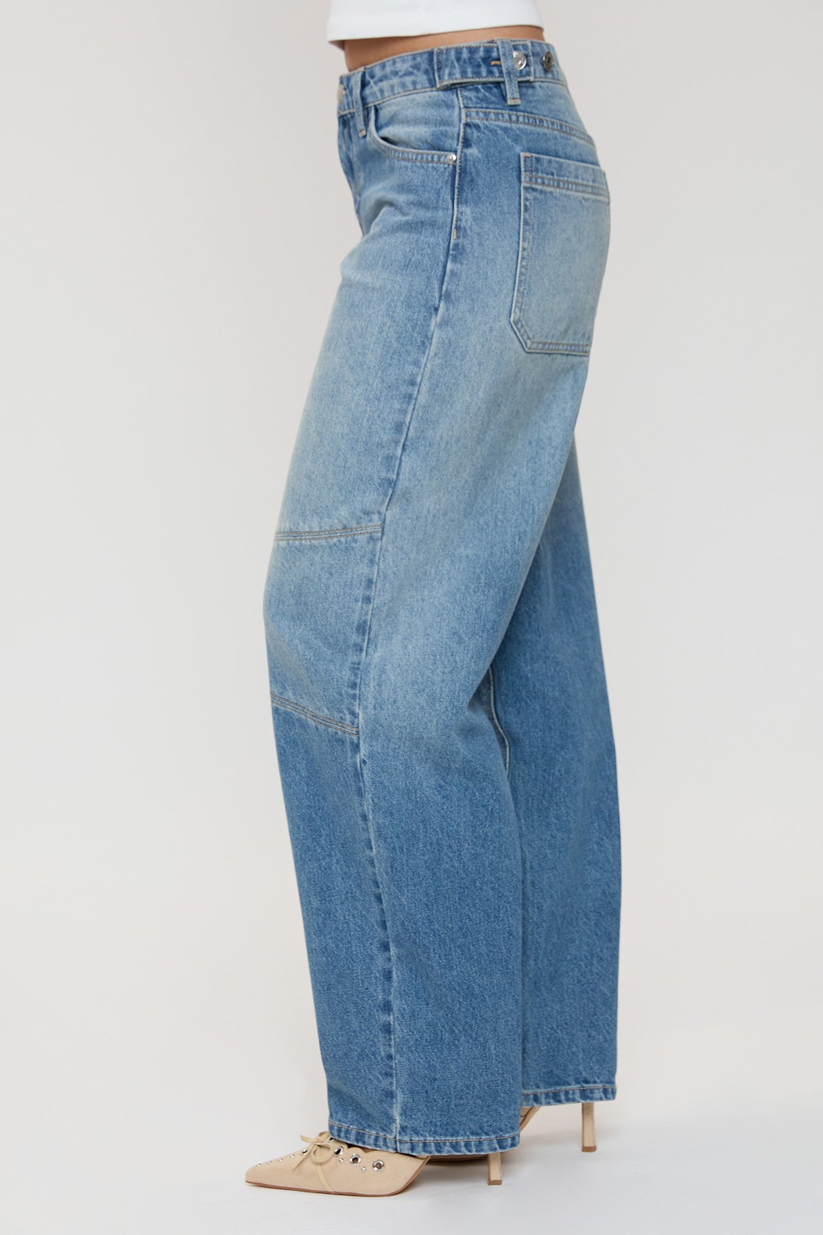 YMI JEANS Women's Moto Relaxed Rise Baggy Barrel Jeans with Seam Detail - Full View