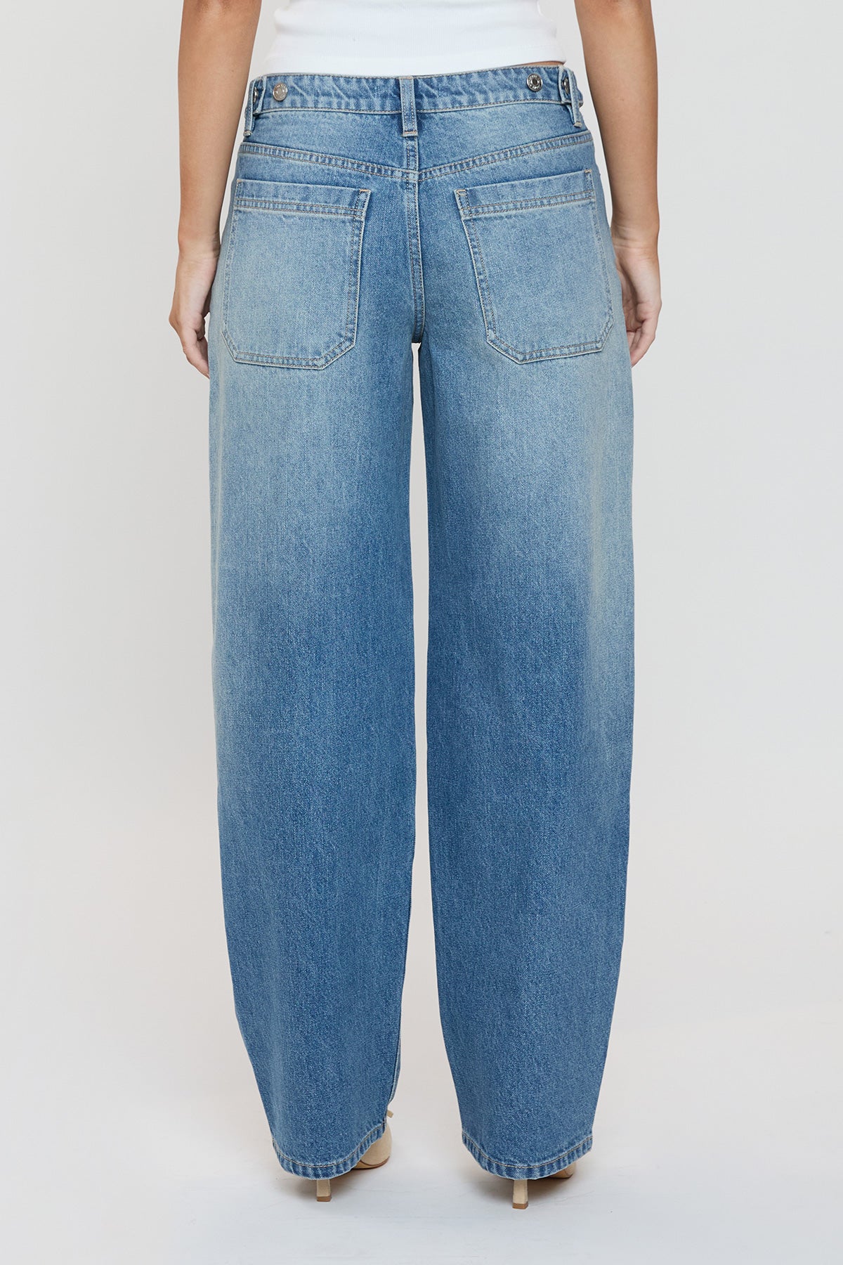 YMI JEANS Women's Moto Relaxed Rise Baggy Barrel Jeans with Seam Detail - Side View