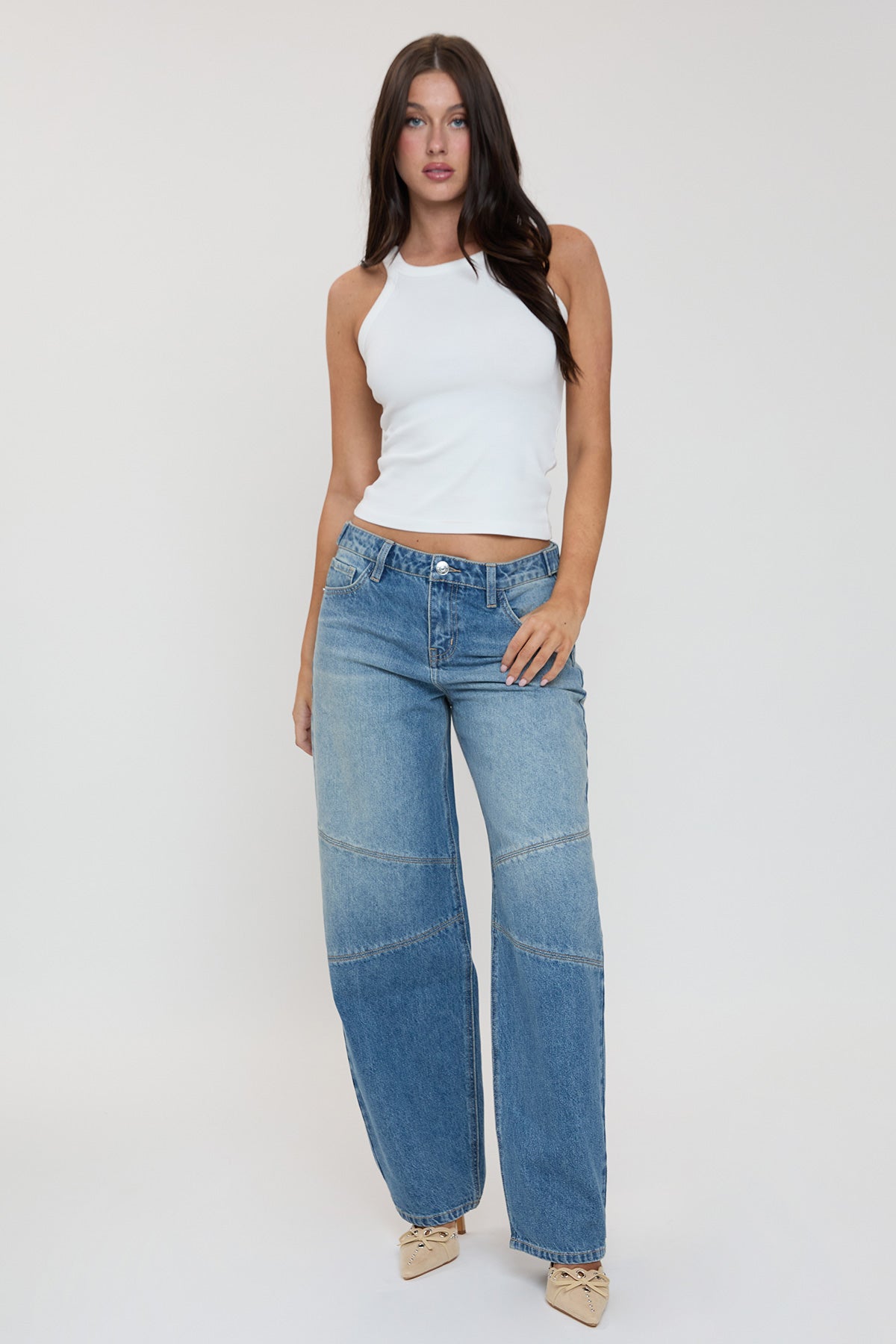 YMI JEANS Women's Moto Relaxed Rise Baggy Barrel Jeans with Seam Detail - Back View