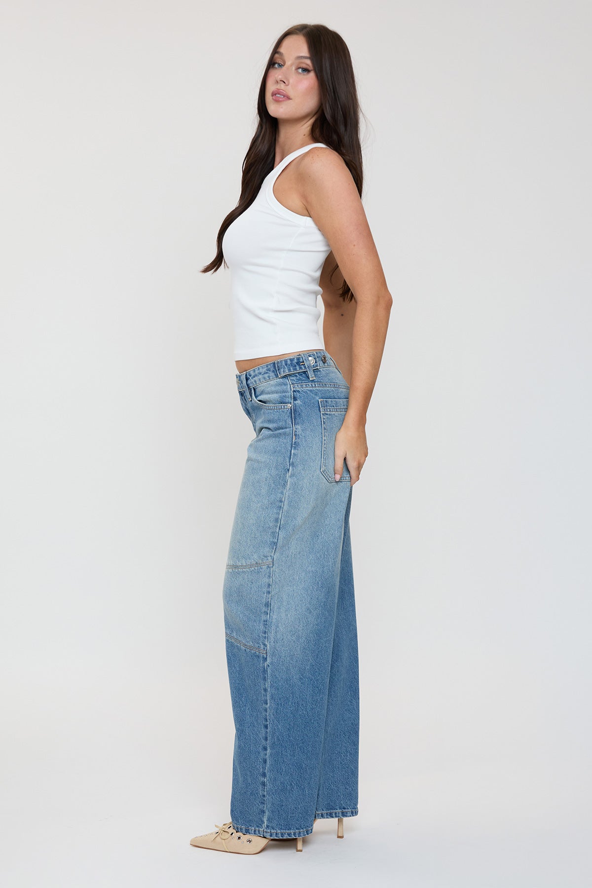 YMI JEANS Women's Moto Relaxed Rise Baggy Barrel Jeans with Seam Detail - Lifestyle Image