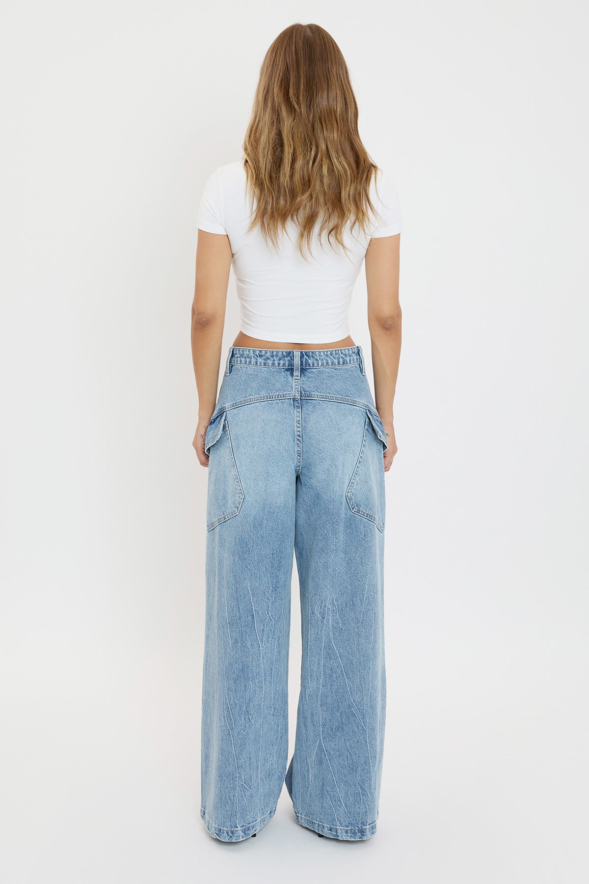 YMI JEANS Women's Slanted Cargo Wide Leg Jeans - Close Up