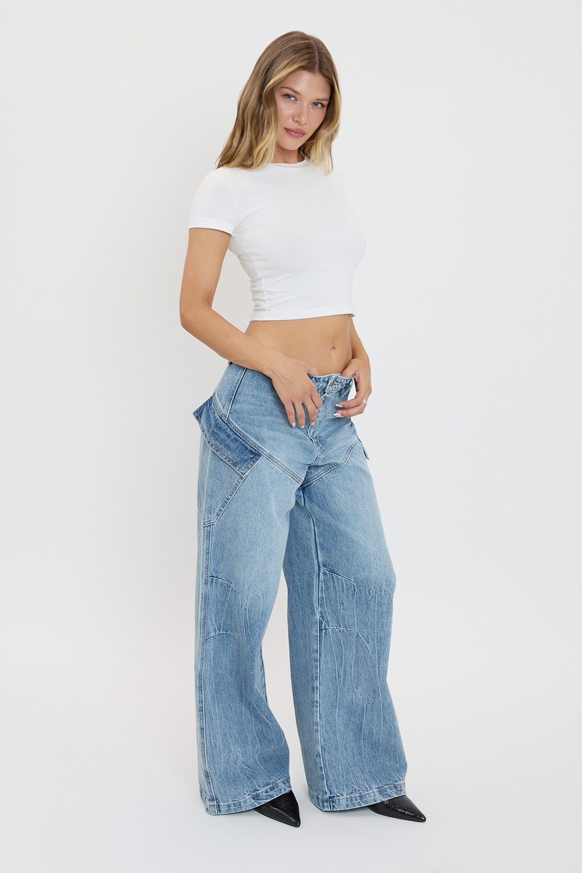 YMI JEANS Women's Slanted Cargo Wide Leg Jeans - Lifestyle Image