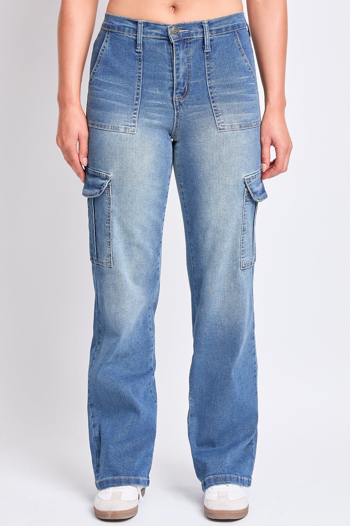 YMI JEANS Women's High Rise Elastic Waist Cargo Straight  Jeans - Lifestyle Image