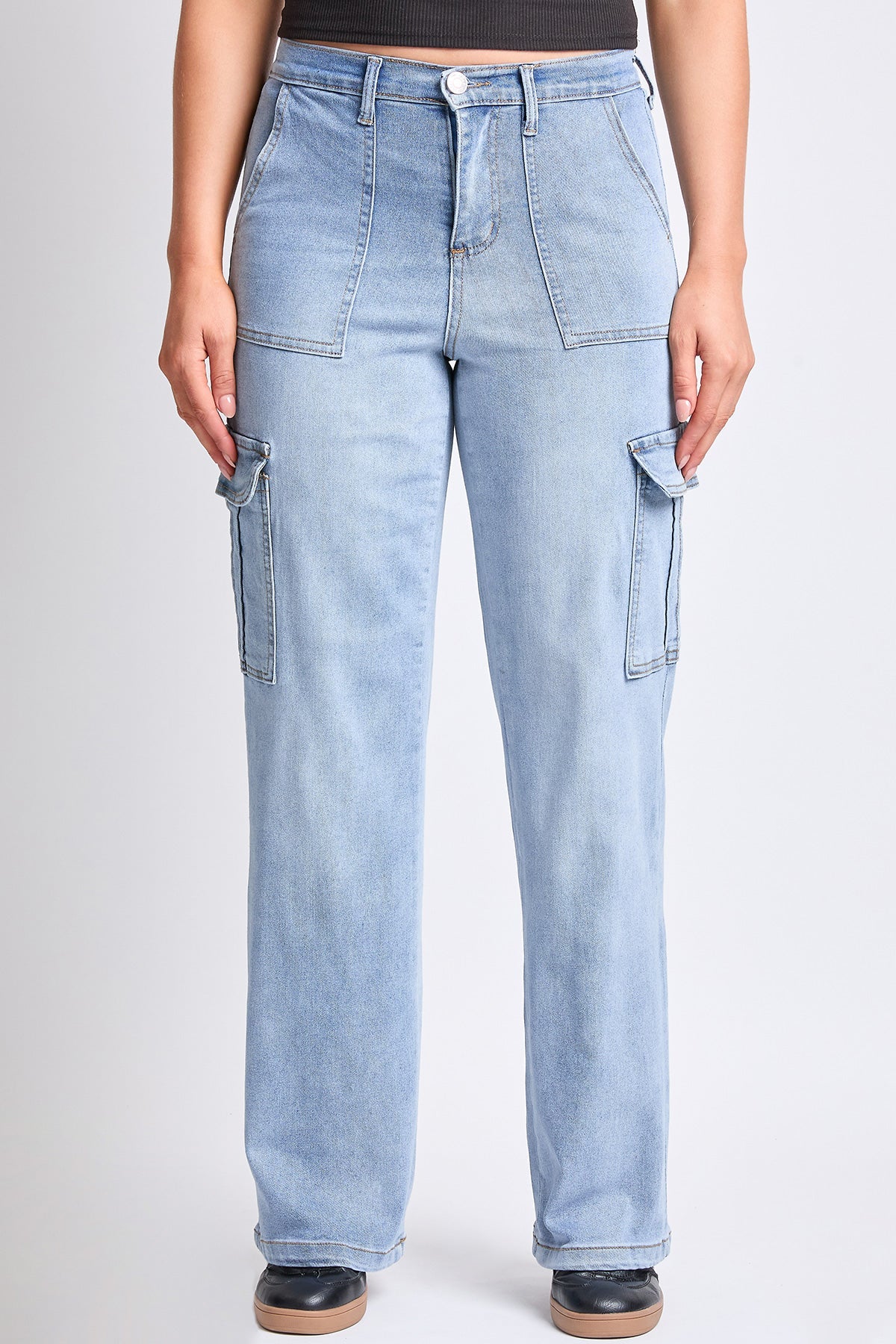 YMI JEANS Women's High Rise Elastic Waist Cargo Straight  Jeans - Full View