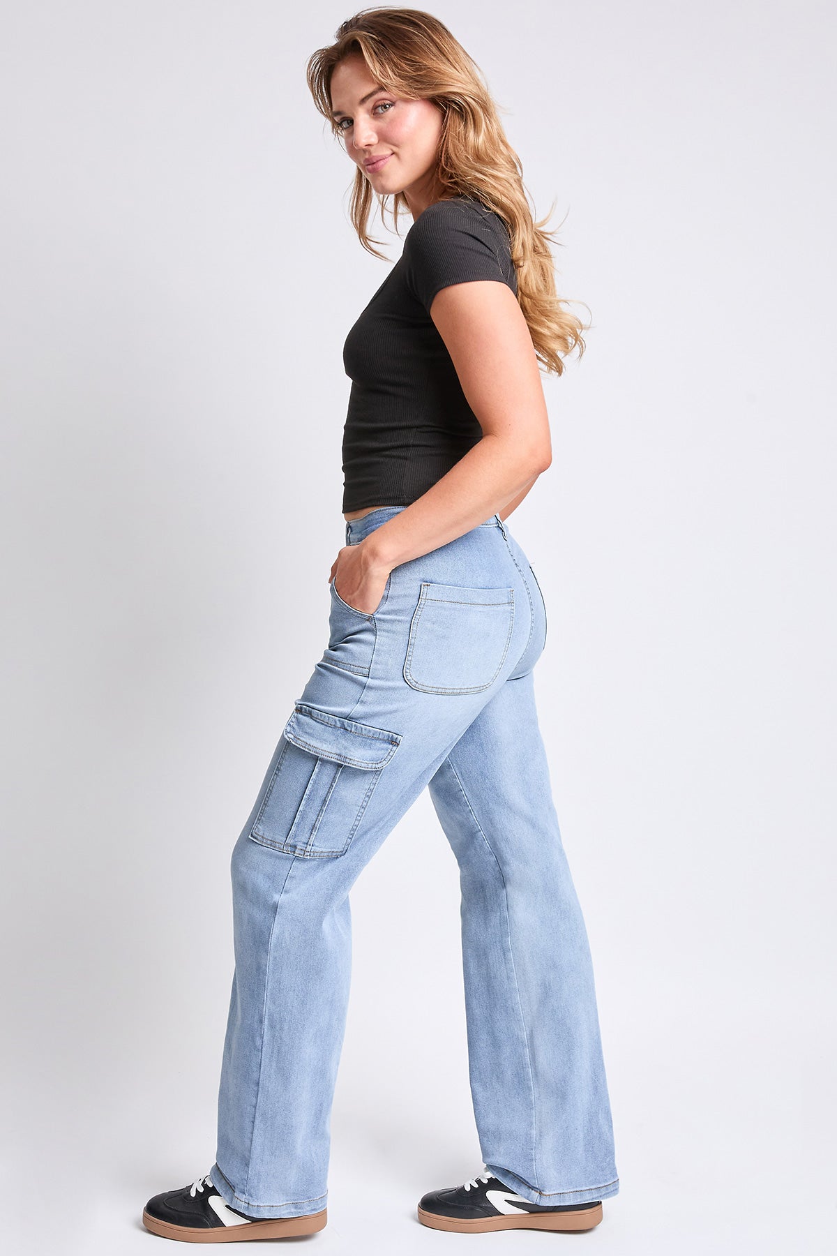 YMI JEANS Women's High Rise Elastic Waist Cargo Straight  Jeans - Main Product Image