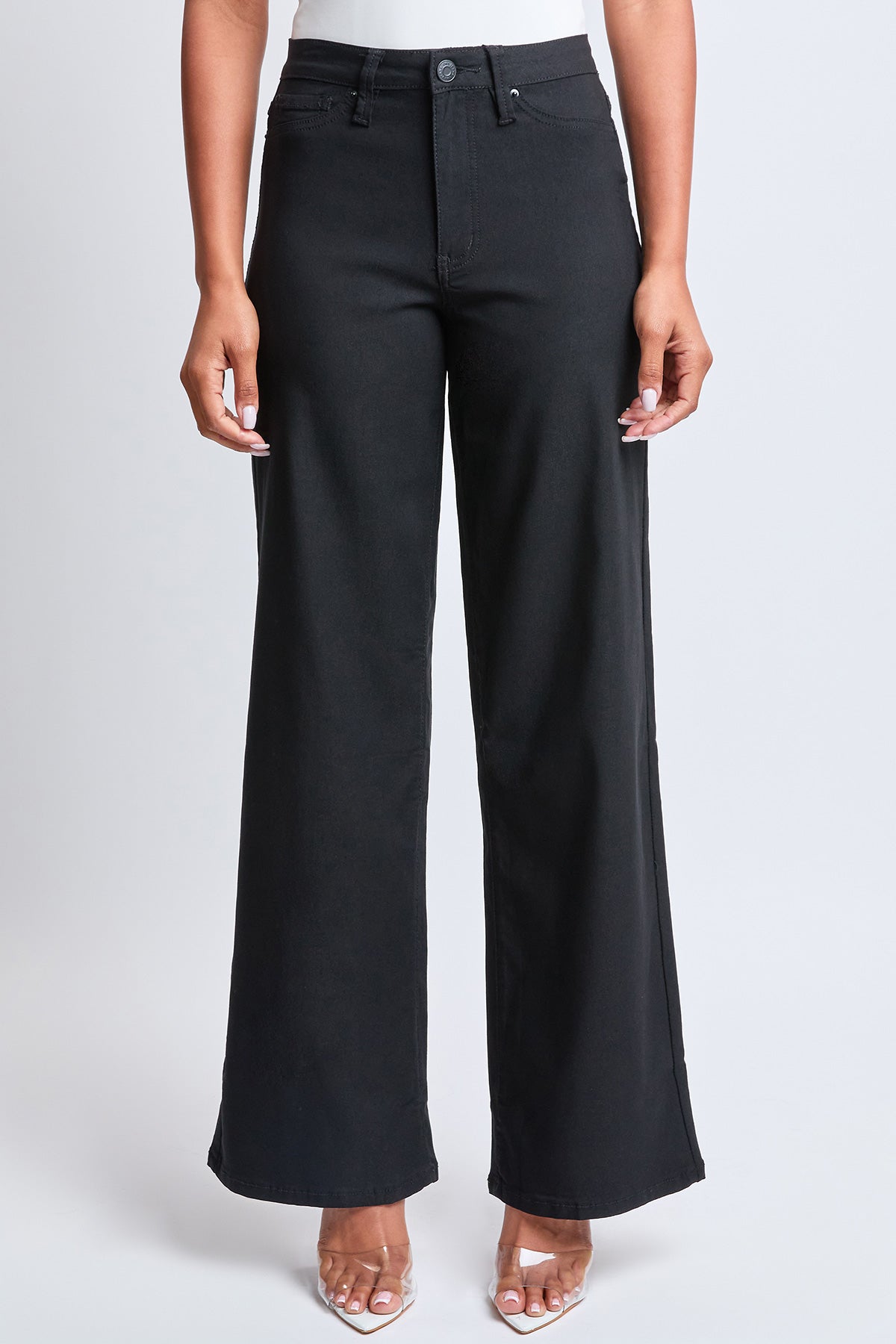 Close-up of the soft, flexible hyperstretch fabric in YMI JEANS wide leg pants.