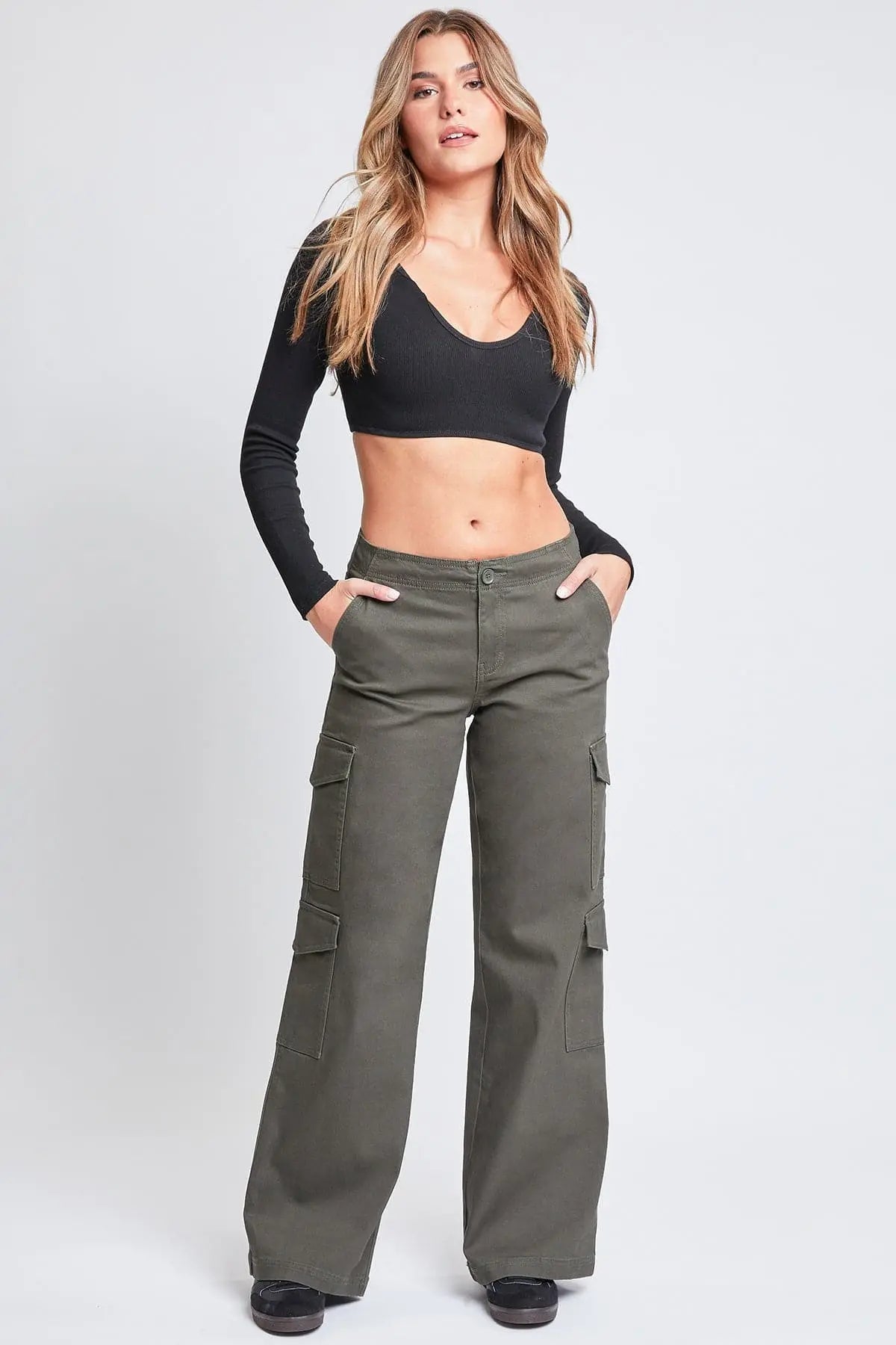 Women's High Rise Double Pocket Wide Leg Cargo Pants YMI JEANS
