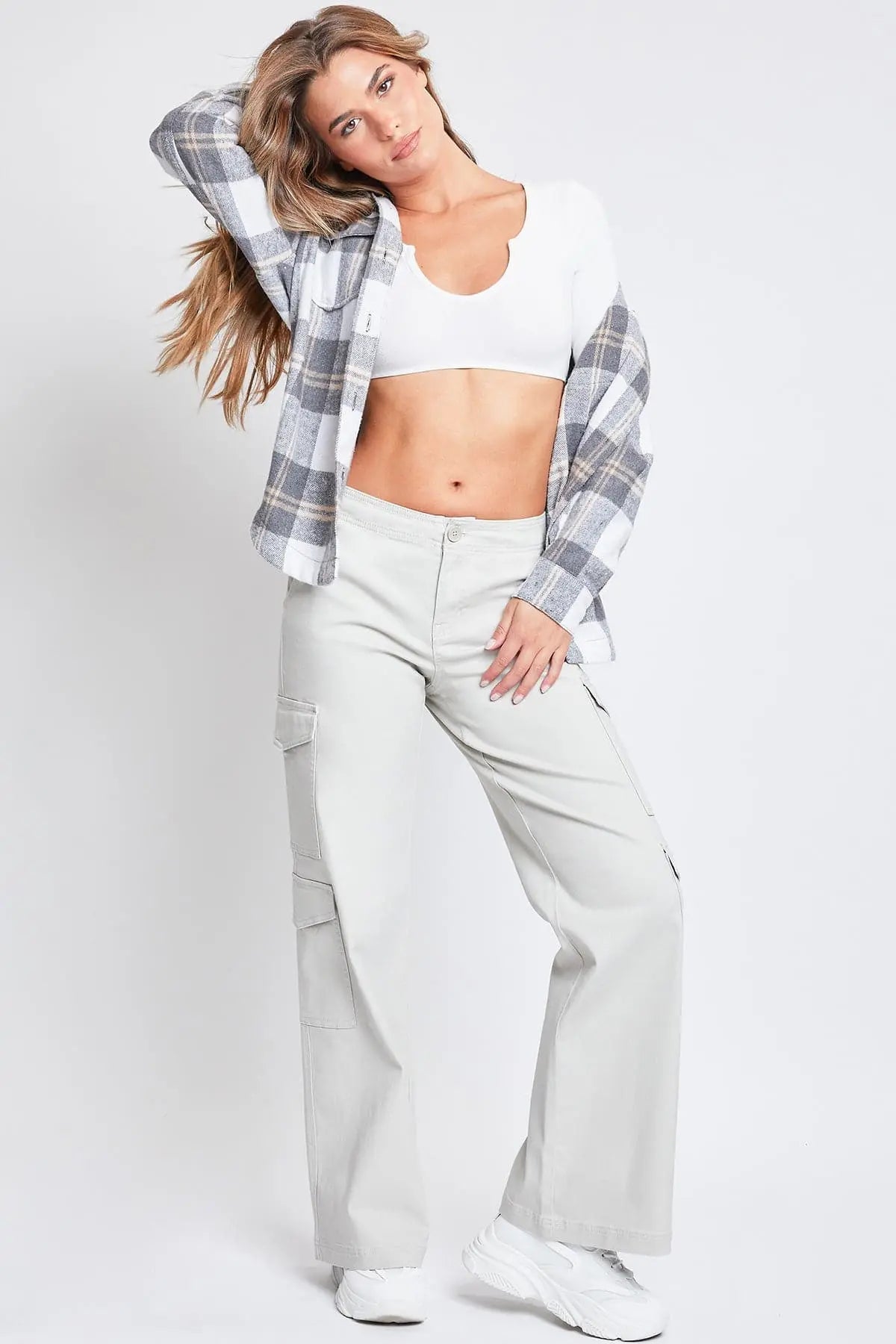 Women's High Rise Double Pocket Wide Leg Cargo Pants YMI JEANS