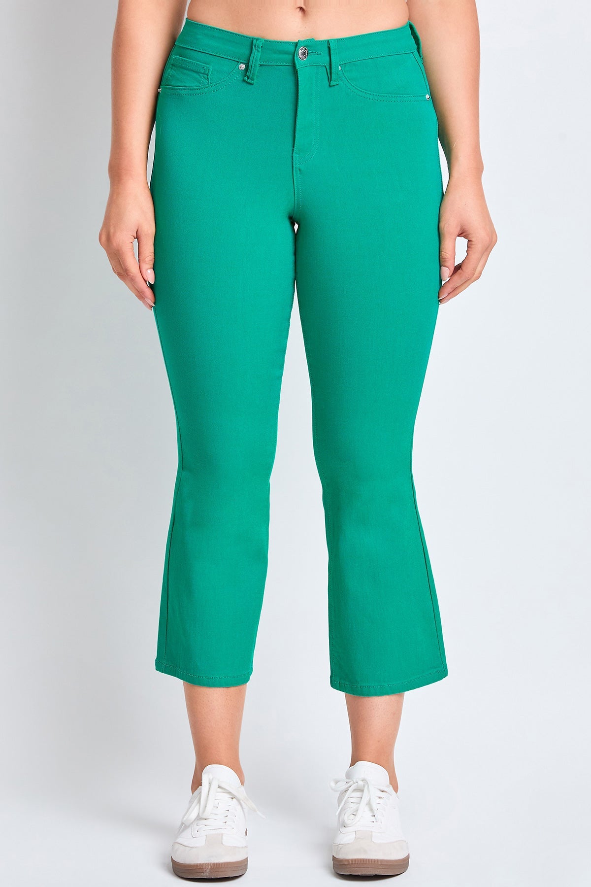 YMI JEANS Women's Hyperstretch Cropped Kick Flare Pants from the side, highlighting the flattering silhouette and stretch fab