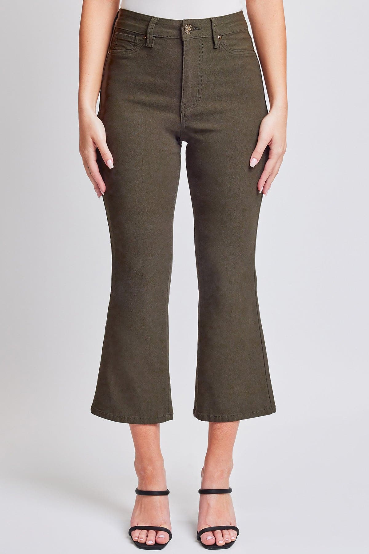 Side view of YMI JEANS Women's Hyperstretch Cropped Kick Flare Pants, highlighting the modern silhouette and stretch fabric.