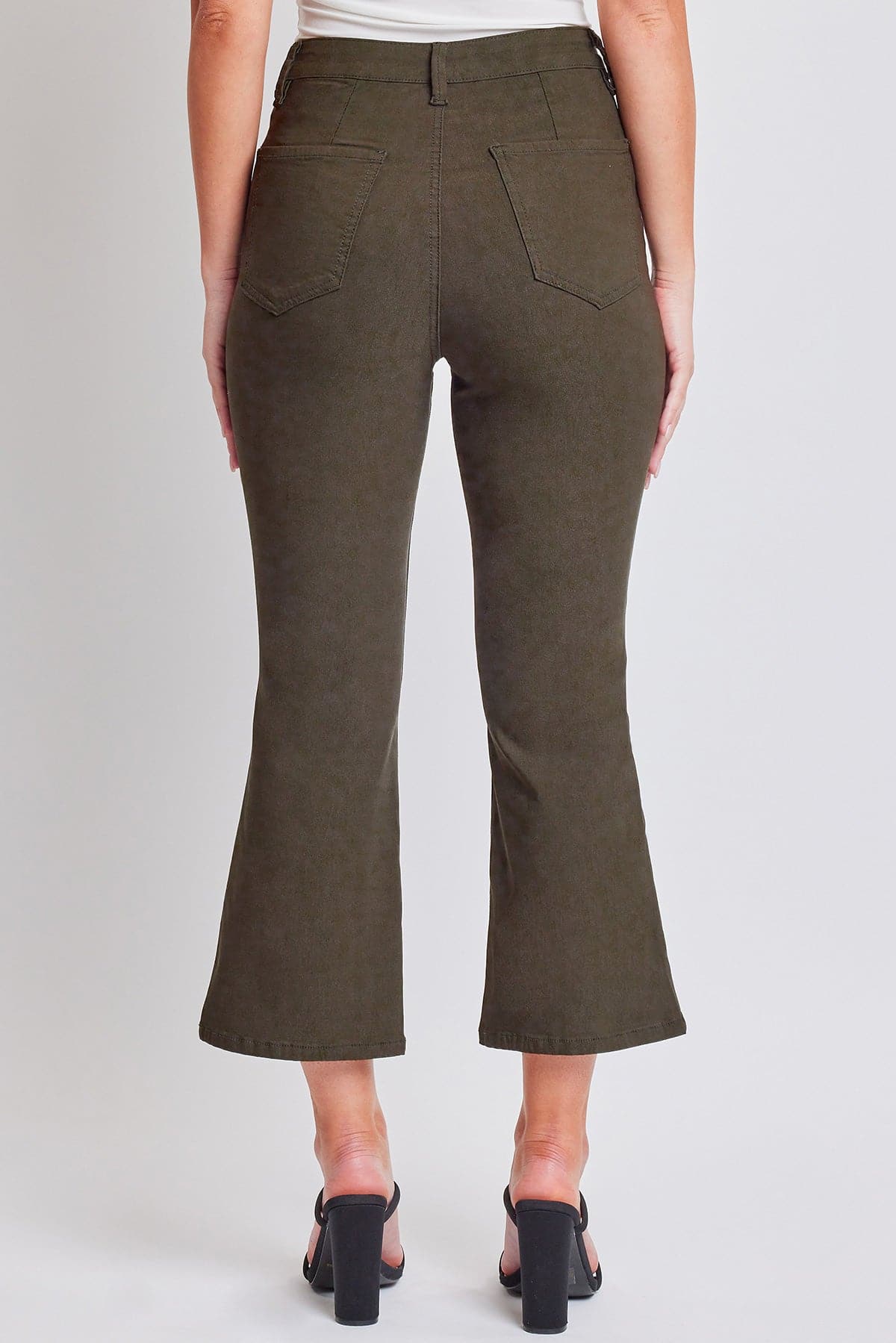 Back view of the YMI JEANS Women's Hyperstretch Cropped Kick Flare Pants, emphasizing the flattering fit and cropped length.
