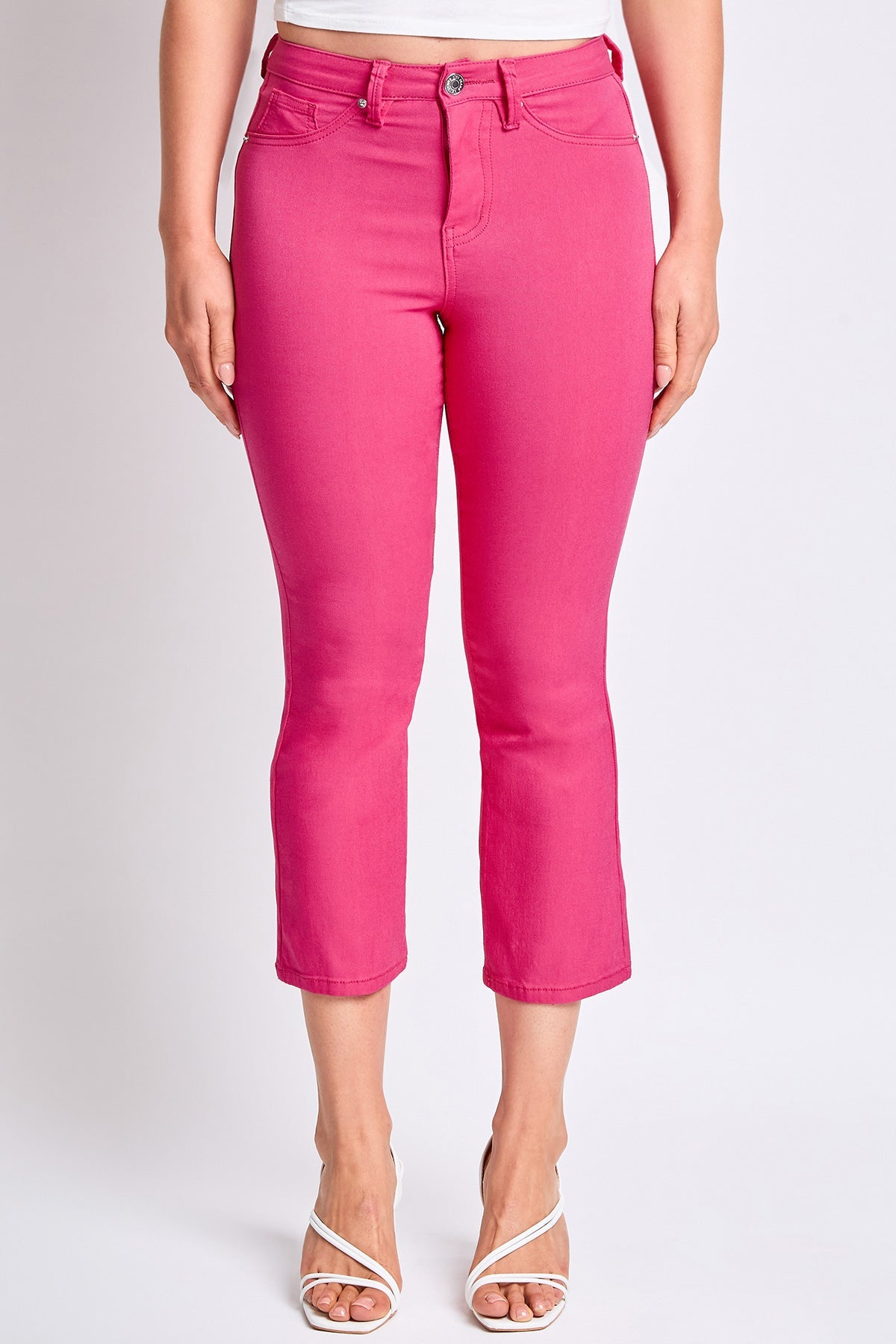 Back view of YMI JEANS Women's Hyperstretch Cropped Kick Flare Pants, detailing the pocket design and flattering fit.