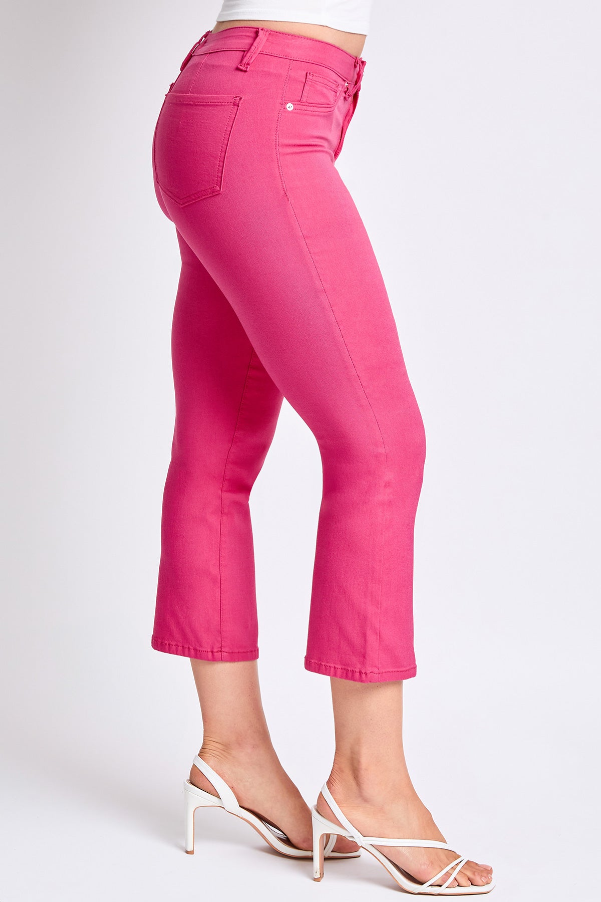 YMI JEANS Women's Hyperstretch Cropped Kick Flare Pants worn by a model, demonstrating the comfortable stretch and cropped le