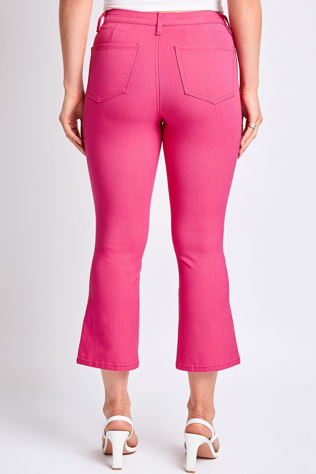Detail shot of the kick flare hem on YMI JEANS Women's Hyperstretch Cropped Kick Flare Pants, a key fashion element.